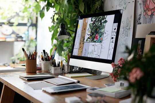 A creative studio with a large computer screen, sketchpads, and a wall covered in design concepts
