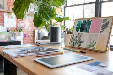 Fototapete -  creative workspace with a focus on digital design tools, including a graphics tablet and mood board