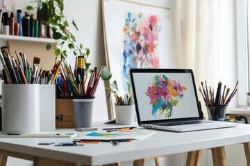 Fototapete - A minimalist creative studio workspace with a clean desk, laptop, and organized shelves of art supplies