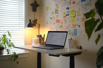 Fototapete - A minimalist creative workspace with a standing desk, laptop, and walls covered in creative ideas