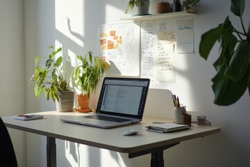 Fototapete - A minimalist creative workspace with a standing desk, laptop, and walls covered in creative ideas