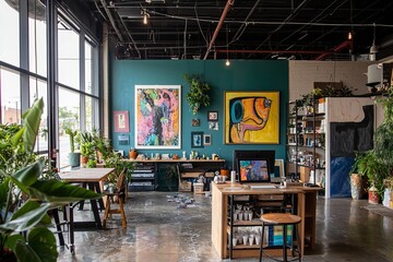 Fototapete - A vibrant creative studio with a mix of digital and traditional tools, surrounded by plants and art