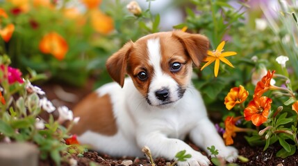 Wall Mural - A little brown and white puppy is relaxing in a flowerbed