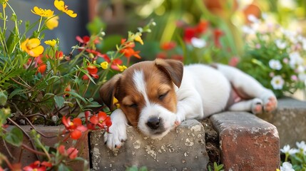 Wall Mural - A little brown and white puppy is relaxing in a flowerbed