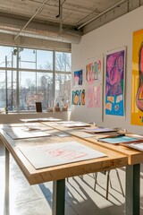Fototapete - A bright creative studio with large tables, sketchpads, and colorful posters on the walls