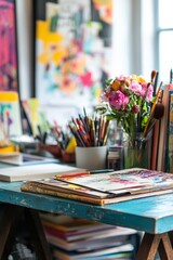 Fototapete - A bustling creative workspace with multiple desks, colorful decor, and a collaborative atmosphere