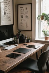 Fototapete - A cozy creative workspace with a large desk, drawing tablets, and inspirational quotes on the walls