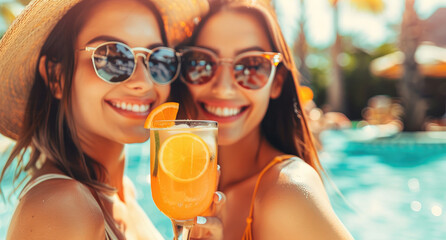 Sticker - Two beautiful smiling women in sunglasses and hats, holding drinks with orange slices close-up, by the pool on vacation