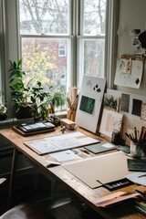 Fototapete - A cozy creative workspace with a large desk, mood boards, and a mix of traditional and digital tools