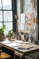 Fototapete - A cozy creative workspace with a large desk, mood boards, and a mix of traditional and digital tools