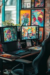 Fototapete - A creative studio setup with dual monitors, a graphics tablet, and colorful artwork on display