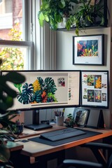 Fototapete - A creative studio setup with dual monitors, a graphics tablet, and colorful artwork on display