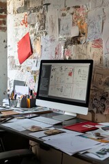 Fototapete - A creative studio with a large computer screen, sketchpads, and a wall covered in design concepts