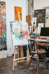 Fototapete - A creative studio with an easel, paints, and a computer setup surrounded by inspiring artwork