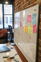 Fototapete - A creative studio workspace featuring a large whiteboard, sticky notes, and brainstorming ideas