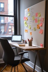 Fototapete - A creative studio workspace featuring a large whiteboard, sticky notes, and brainstorming ideas