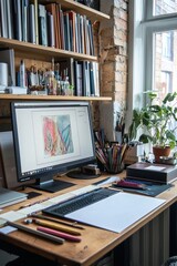 Fototapete - A creative workspace with a large monitor, drawing tools, and shelves filled with art books and supplies