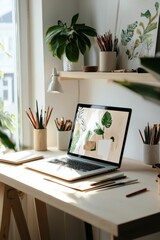 Fototapete - A creative workspace with a large monitor, drawing tools, and shelves filled with art books and supplies