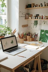 Fototapete - A creative workspace with a large monitor, drawing tools, and shelves filled with art books and supplies