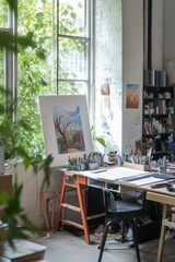 Fototapete - A modern creative studio with large windows, natural light, and a cluttered desk full of design tools
