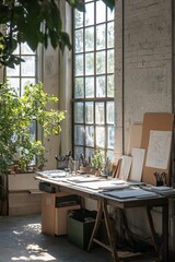Fototapete - A modern creative studio with large windows, natural light, and a cluttered desk full of design tools
