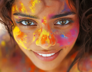 India Woman's face covered with colorful paints for Holi Festival.