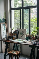Fototapete - A modern creative studio with large windows, natural light, and a cluttered desk full of design tools