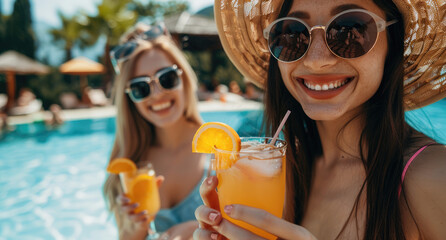 Poster - Two beautiful smiling women in sunglasses and hats, holding drinks with orange slices close-up, by the pool on vacation