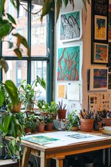 Fototapete - A vibrant creative studio with a mix of digital and traditional tools, surrounded by plants and art
