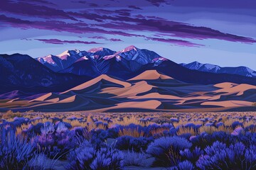 Great Sand Dunes National Park at sunrise, a towering sand dune complex with mountains in the background, a purple sky with orange and blue hues, a beautiful and peaceful landscape 