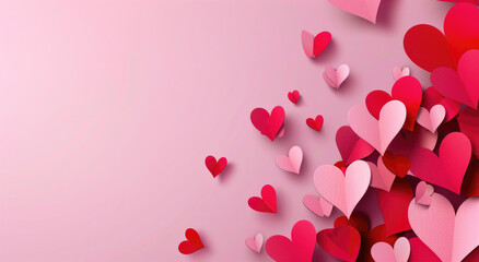 Wall Mural - Valentine's Day background with red and pink hearts on a pastel pink backdrop