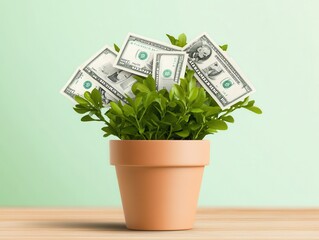 A creative concept of a potted plant with dollar bills, symbolizing growth, wealth, and investment opportunities.