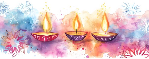 Wall Mural - Three Lit Diya Lamps with Watercolor Background