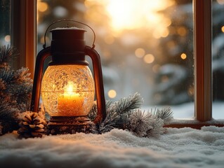 Vintage lantern illuminating snowy landscape at sunset during winter