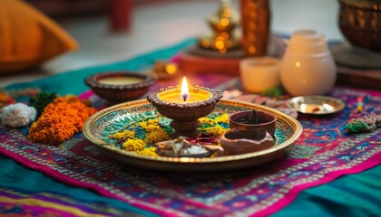 Indian Ritual Ceremony with Candles and Flowers.