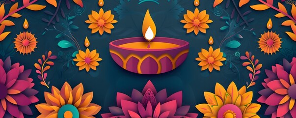 Wall Mural - Paper Cutout Diya with Floral Designs on a Dark Blue Background