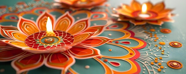 Wall Mural - Illuminated Paper Flower Diya with Mandala Pattern