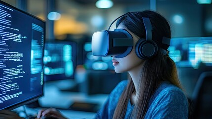Programmers wear VR headsets to test applications in IT company offices and copy space