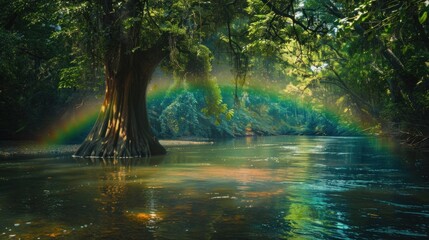 Wall Mural - Big tree in the middle of a beautiful river There was a strange and beautiful rainbow