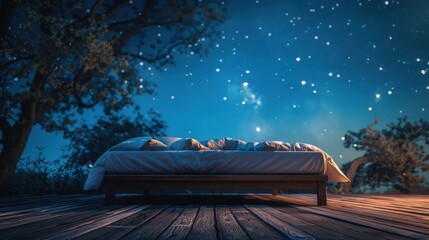 Empty bed outdoor on a starry night