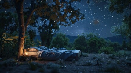 Wall Mural - Empty bed outdoor on a starry night