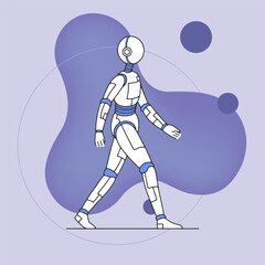 Poster - Cyborg or robot flat vector illustration. Humanoid walking. Human evolution, artificial reality, modern technology concept for banner or poster