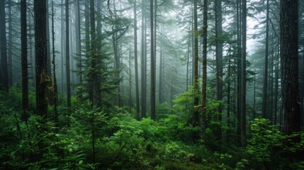 Wall Mural - Pacific Northwest Forest on a Foggy Morning.