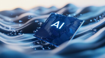 Poster - 3D illustration of the chip with text AI, with a blue color scheme. The background features light gray and white waves with tech elements