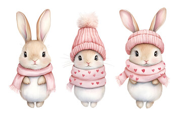 Cute adorable tiny bunny collection with warm hat and scarf isolated on a white background