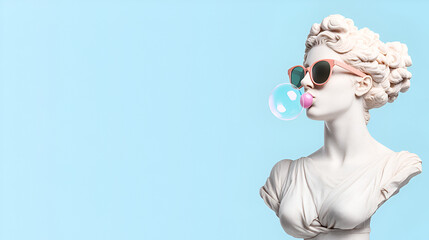 Wall Mural - A Bust of a Woman Wearing Sunglasses, Blowing a Bubble with Pink Gum.