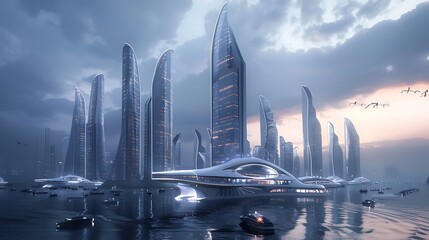 Wall Mural - Futuristic city with tall skyscrapers and modern architecture built on water with boats and a bridge in the foreground.