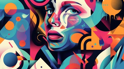 Poster - Colorful digital illustration of a woman's face with geometric shapes forming the features.  The use of bright colors, bold lines, and abstract patterns creates a dynamic and artistic composition.
