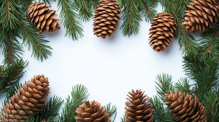 top view of pine cones and branches on white background, Christmas and winter seasonal frame background