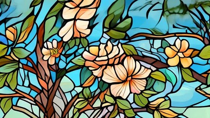 Sticker - Stained glass art featuring blooming flowers and a tree against a blue sky